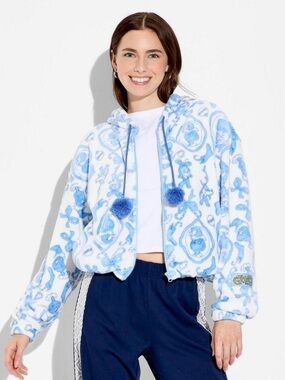 The Grinch Plush Blue & White Zip-Up Hoodie with Pom Drawstrings